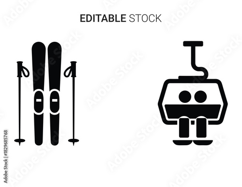 Beautiful silhouette vector of black and white icon set of ski equipment and chairlift isolated on