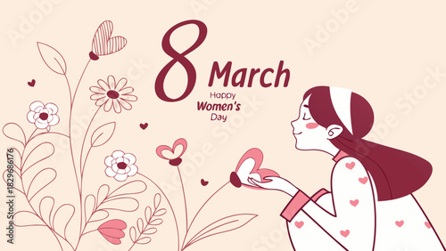 ‘Happy Women’s Day’ surrounded by soft flowers and sweet hearts on a gentle pink background, perfect for celebration, promotion, and shopping templates