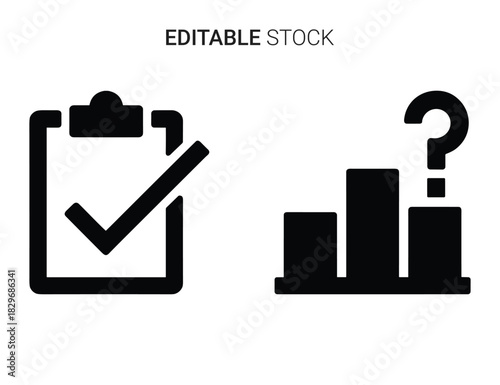 Beautiful silhouette vector of checklist icon and bar chart with question mark isolated on
