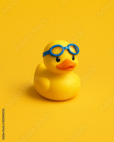 Yellow rubber duck with blue swimming goggles on a yellow background