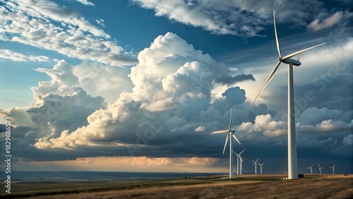 Wind turbines on a field under a cloudy sky generating clean energy for a sustainable future world