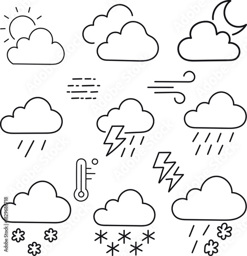 Hand drawn doodle set of weather icons for forecast