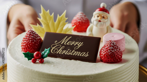 Person presenting a festive white cream cake decorated with strawberries and santa