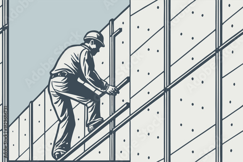 Construction worker climbing scaffolding