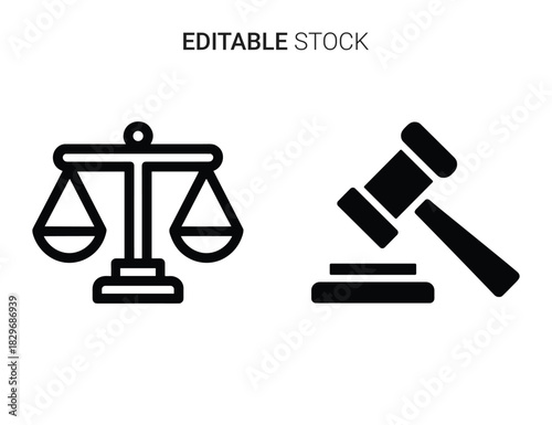 Beautiful silhouette vector of black and white icon set of justice scale and gavel isolated on