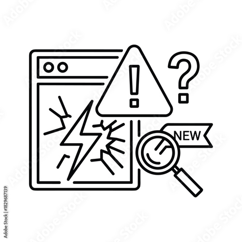 Website broken page, warning error alert, question, new search information icon
