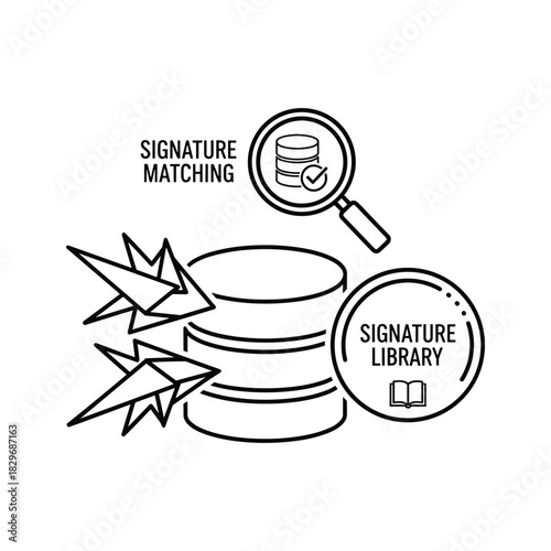 Signature matching and library concept with database and verification icon