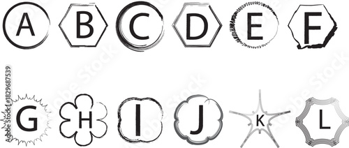 Set of 12 artistic stamp shapes with grunge texture containing letters A through L, suitable for badges and labels