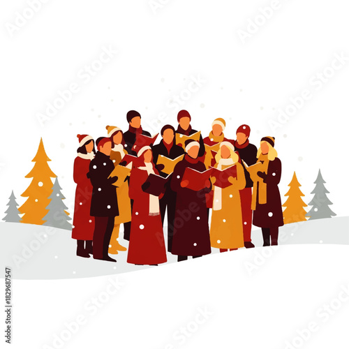 Christmas Carolers Singing Festive Songs in Winter Snow.