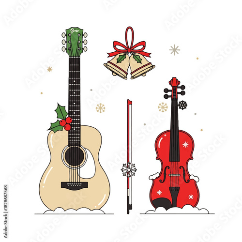 Christmas Music Instruments Illustration with Guitar and Violin.