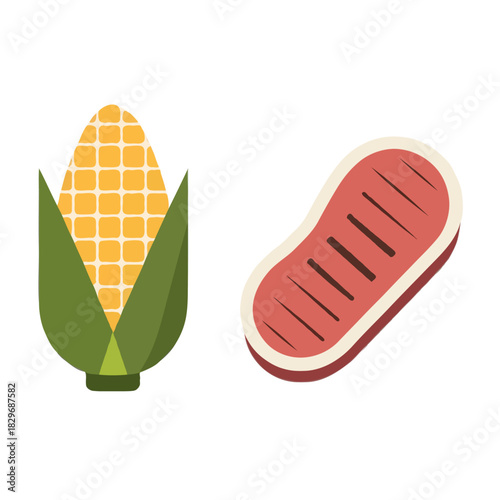 Illustration of a fresh ear of corn with green husks next to a grilled steak with grill marks isolated on white background