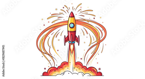 Cartoon rocket ship launching into space with fire and smoke.