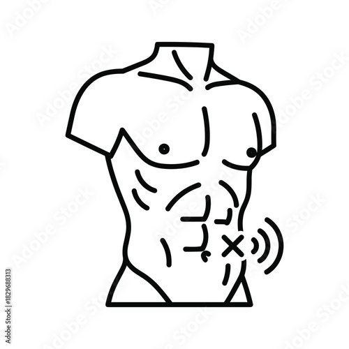 Male torso with abdominal pain icon. outline illustration of human body showing discomfort in lower stomach area.