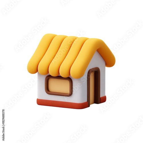 Cartoonish 3D house with yellow roof illustration on transparent background
