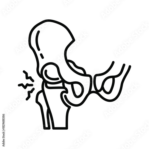 Hip joint pain line icon. human anatomy illustration depicting discomfort or inflammation in the pelvis and upper thigh area.