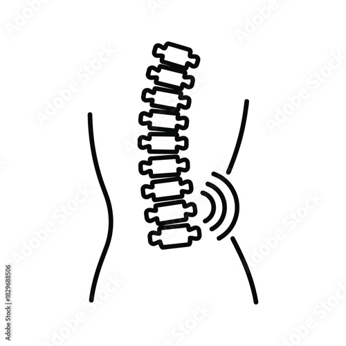 Lumbar spine pain icon with radiating waves, representing backache, injury, or medical condition illustration