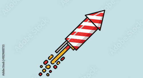 Colorful rocket soaring upwards with red and white stripes and orange flames.