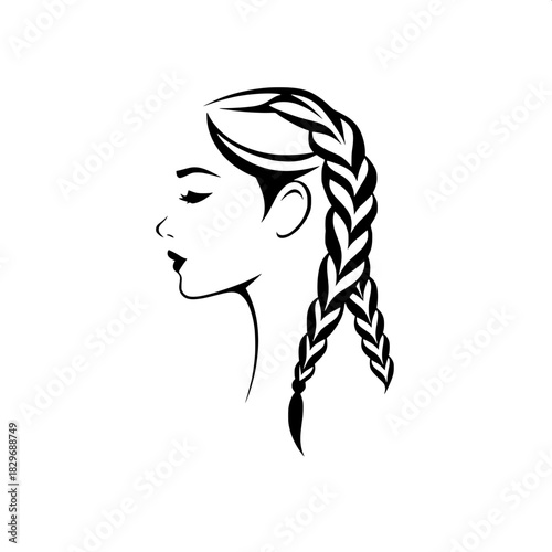 Graphic icon of a woman's side profile, sharp black silhouette on a clean white background, long braid falling from the crown of her head, smooth contours and clean negative space, modern minimal logo