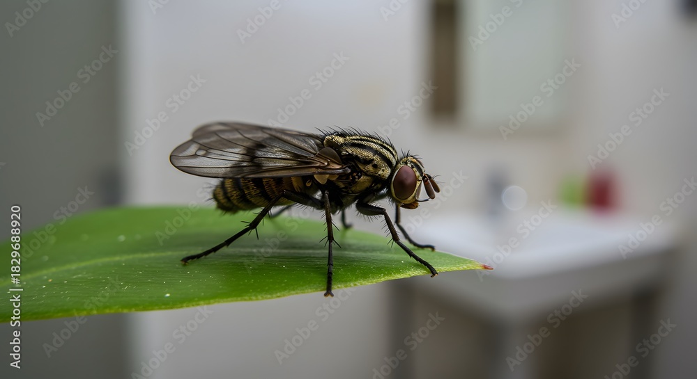 Obraz premium A close-up shot of a fly on a vibrant green leaf, bathroom in the blurry background