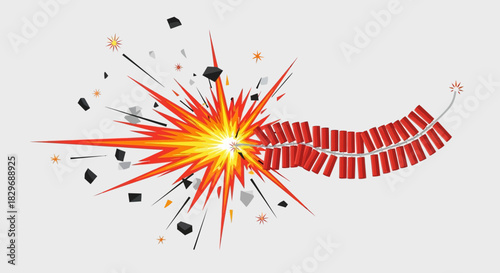 Exploding firecracker with sparks and debris against a light background.