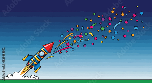 Rocket launching into sky with colorful confetti and streamers.
