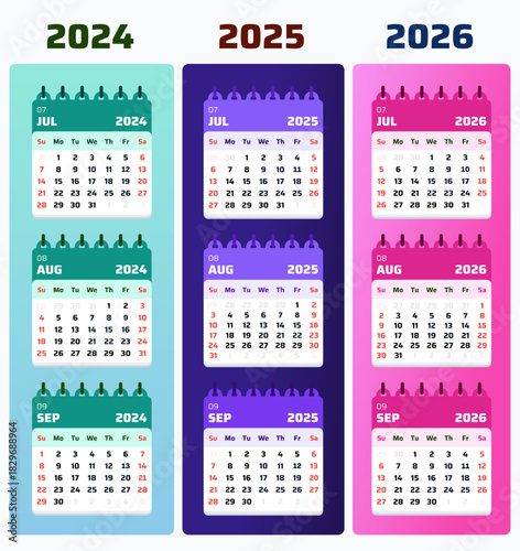 Sep 2026 Calendar. Set of Aug Jul Sep 2024, 2025, 2026 Planner Sheet, Professional Jul 2025 Agenda Template. Modern vector illustration