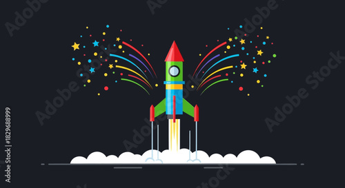 Colorful cartoon rocket ship launching into space with fireworks.