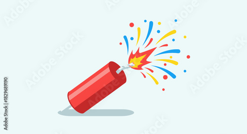 Red firecracker with a lit fuse exploding with colorful confetti.