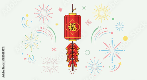 Chinese lantern with firecrackers hanging for celebration.