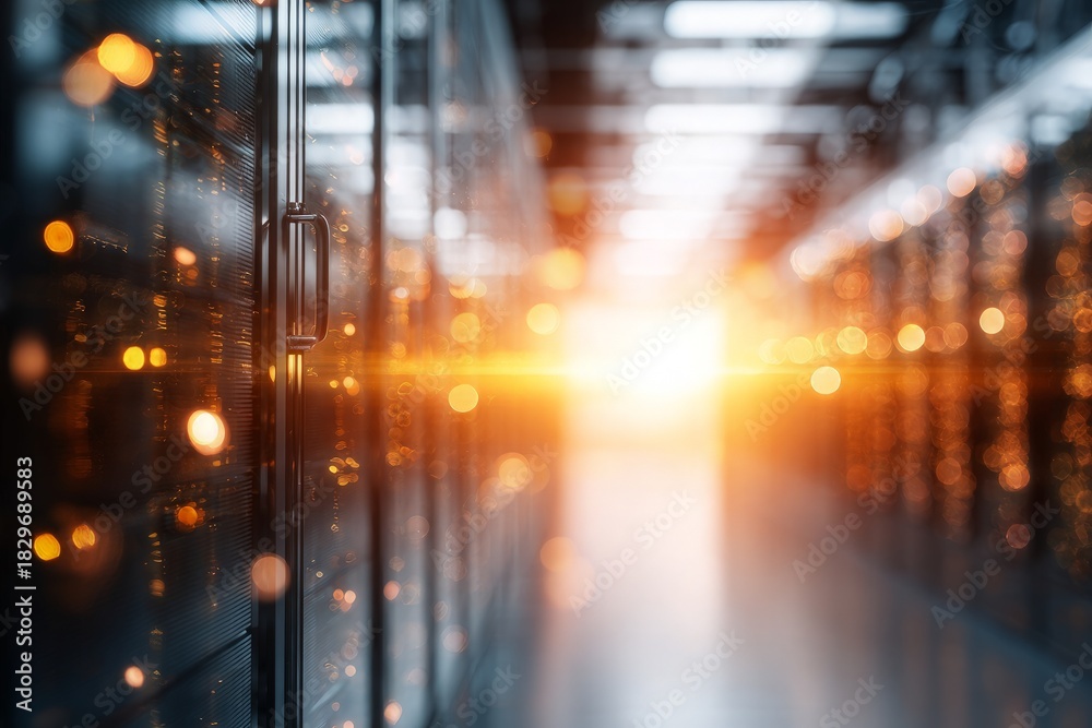 Fototapeta premium Digital infrastructure features glowing orange light, illuminating server racks in modern data center.