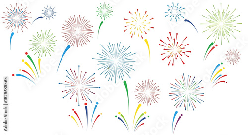 Collection of colorful fireworks exploding in the night sky.