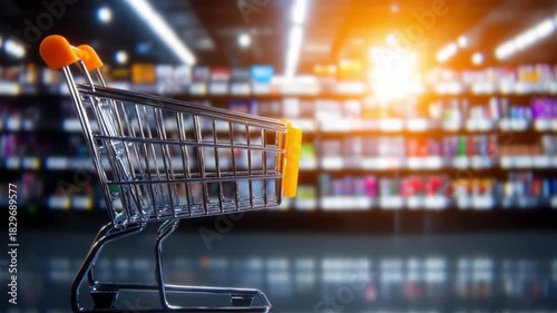 Wallpaper Mural Shopping Cart Amidst Shelves: A shopping cart stands ready, inviting the viewer into a well-stocked store. Shelves, bursting with a variety of goods, lead the eye into the distance. Torontodigital.ca