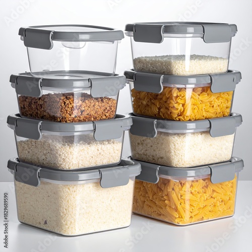 Stacked clear plastic food containers with gray lids, filled with various dry foods