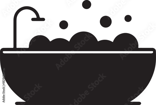 Bathtub vector illustration showing a relaxing bubble bath scene with a simple faucet outline.