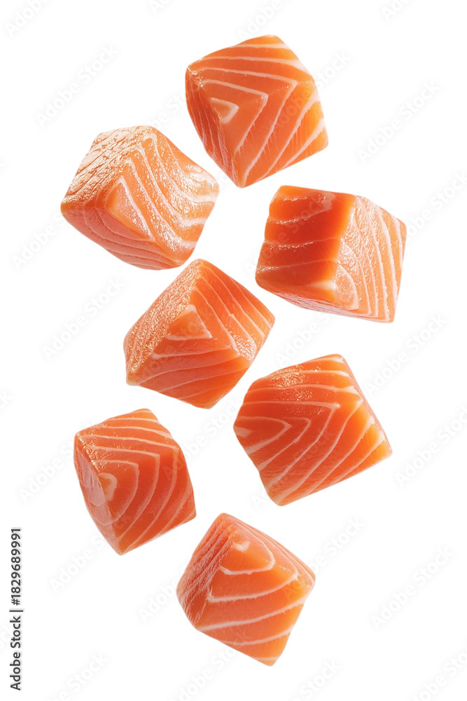 Fototapeta premium Fresh Raw Salmon Cubes – Premium Sashimi or Poke Grade Salmon Pieces Isolated on White – High-Quality Seafood Stock Photo