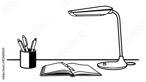 Vector of an office desk setup, isolated, clean lines, pen holder, notebook, lamp, modern style, high-contrast outline