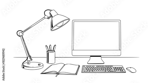 Vector of an office desk setup, isolated, clean lines, pen holder, notebook, lamp, modern style, high-contrast outline