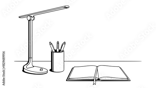 Vector of an office desk setup, isolated, clean lines, pen holder, notebook, lamp, modern style, high-contrast outline