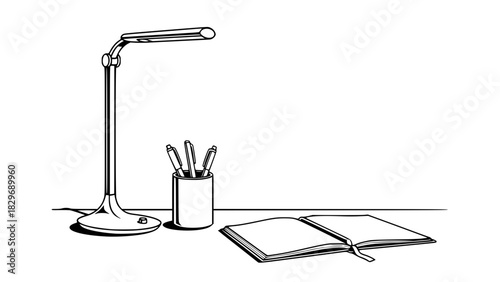 Vector of an office desk setup, isolated, clean lines, pen holder, notebook, lamp, modern style, high-contrast outline