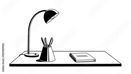 Vector of an office desk setup, isolated, clean lines, pen holder, notebook, lamp, modern style, high-contrast outline