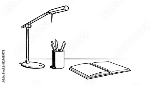 Vector of an office desk setup, isolated, clean lines, pen holder, notebook, lamp, modern style, high-contrast outline