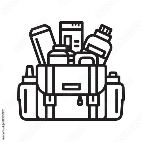 Travel toiletry bag filled with essential hygiene products and small bottles, ready for a trip or vacation