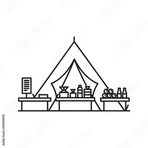 Outdoor event vendor stall line icon illustration. temporary market tent with products, beverages and merchandise.
