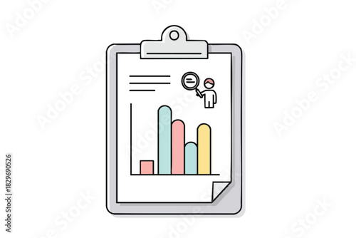 Clipboard with Colorful Bar Graph and Magnifying Glass Icon