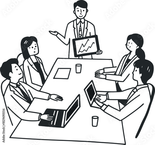 Minimalist Line Art Drawing of a Business Team Meeting and Presentation in a Boardroom