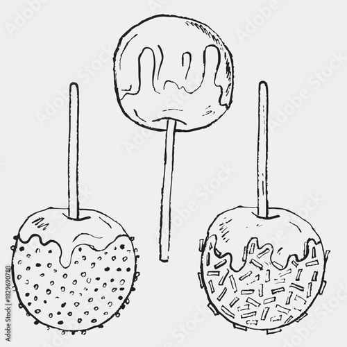 Hand drawn candy apples on sticks with smooth, dripping, and sprinkled coatings. Vector sketch illustration in vintage crayon charcoal style. Caramelized apples
