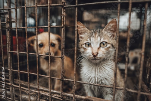 Wallpaper Mural Cute Cat Sits in Cage at Animal Market near Sad Puppy and Dirty Dog Torontodigital.ca