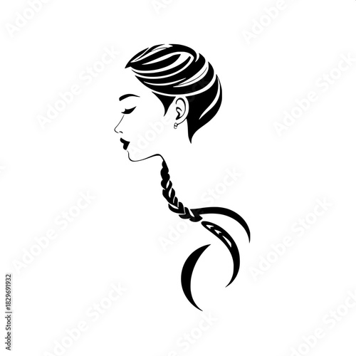 Elegant female profile silhouette in solid black on a clean white background, featuring a prominent long braided hairstyle that flows smoothly to the bottom right, a simple and delicate ear outline, a