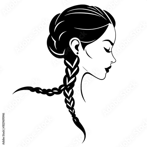 Elegant female profile silhouette in solid black on a clean white background, featuring a prominent long braided hairstyle that flows smoothly to the bottom right, a simple and delicate ear outline, a