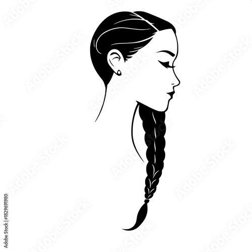 Elegant female profile silhouette in solid black on a clean white background, featuring a prominent long braided hairstyle that flows smoothly to the bottom right, a simple and delicate ear outline, a